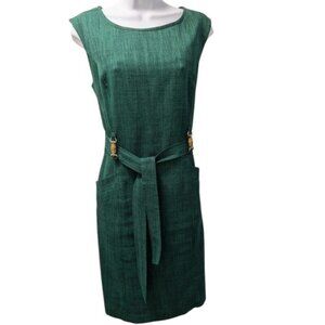 ELLEN TRACY Sleeveless Belted Green Dress With Wood/Silver Accent Size 12